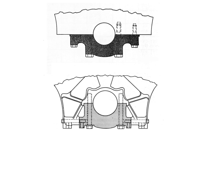 In questi disegni, a suo tempo forniti dalla Chrysler, sono mostrate due soluzioni sviluppate per aumentare la robustezza e la rigidit&agrave; dei supporti di banco. La prima prevede quattro viti di fissaggio parallele; nell&rsquo;altra il cappello &egrave; vincolato anche alle pareti laterali del basamento per mezzo di due viti orizzontali (che vanno ad aggiungersi alle due verticali) 