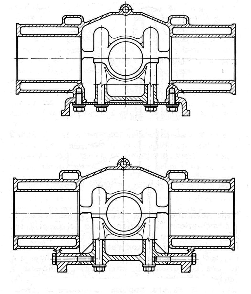 Spaccato del classico motore della Porsche 911 a sei cilindri contrapposti, nella versione originale (con alimentazione a carburatori). Il basamento &egrave; formato da due parti simmetriche che si uniscono secondo un piano verticale longitudinale che taglia a met&agrave; i supporti di banco