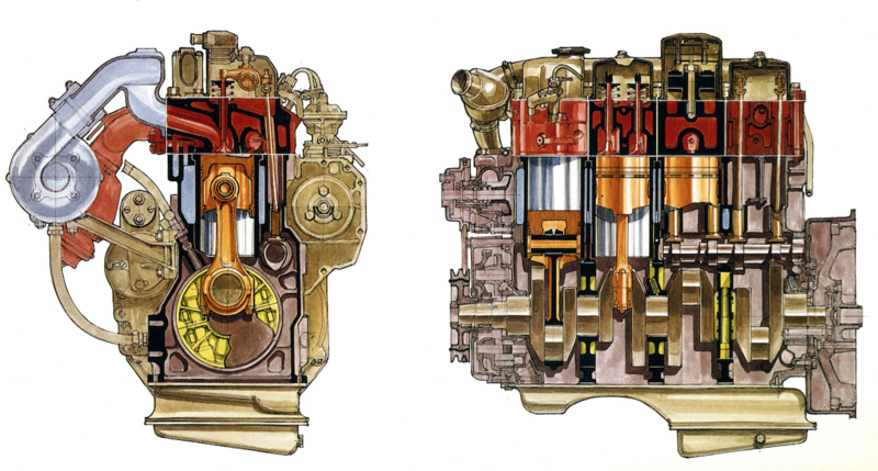 Nei diesel VM, che sono stati utilizzati da varie case automobilistiche, il basamento era a tunnel. Nel disegno i supporti di banco, di forma discoidale, sono colorati in giallo    