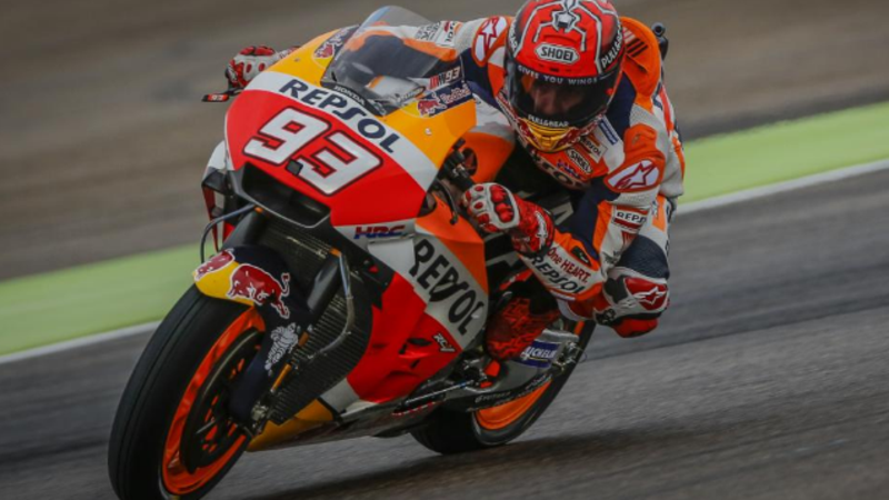 MotoGP 2017. Marquez chiude al comando le FP1 (bagnate) ad Aragon