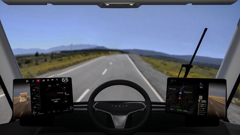 La vista dentro al Semi: posto guida alla Tesla con due grandi display