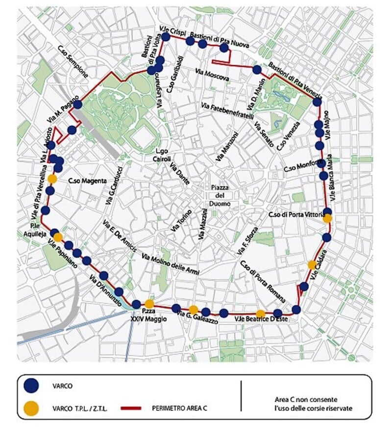 La mappa Area C di Milano