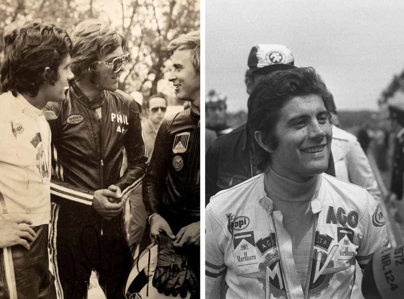 Agostini con Phil Read con tanto di basettoni e occhialoni e Jarno Saarinen. 1971, Imola. 