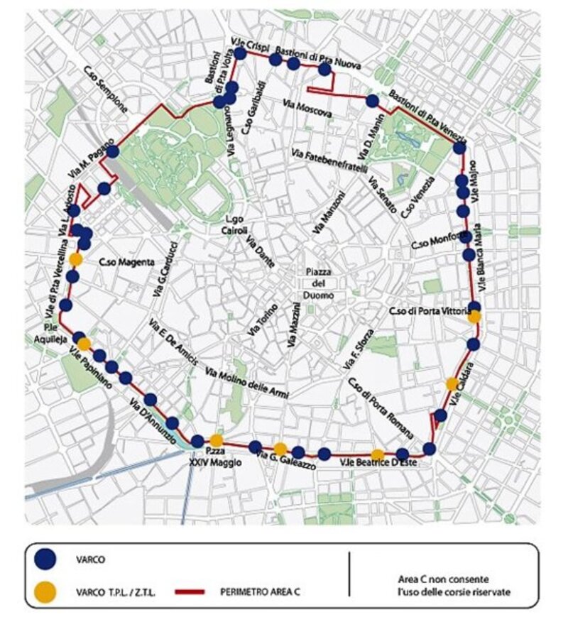 La mappa della Area C a Milano - sempre attiva in agosto, tranne il giorno 15