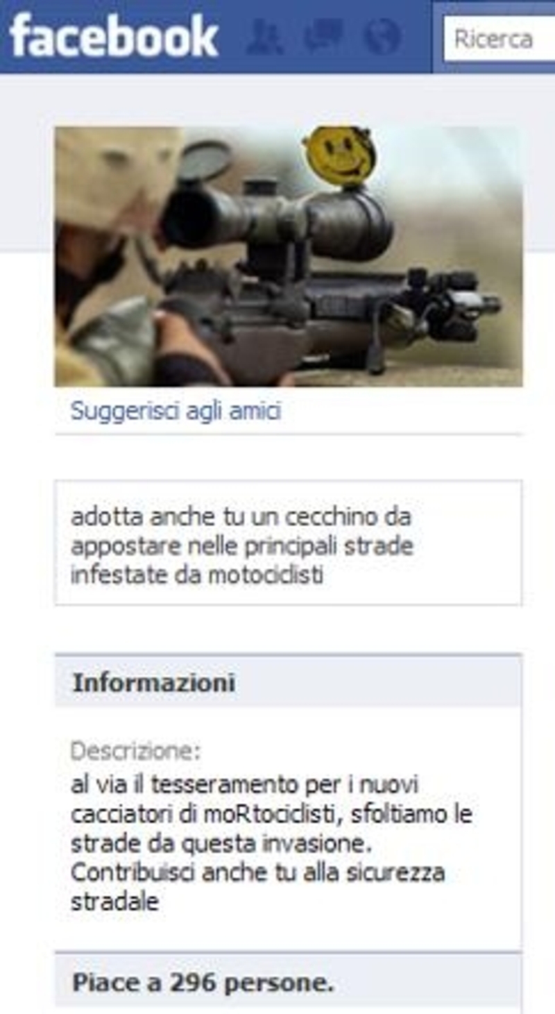 Facebook: nasce una pagina che incita alla violenza sui motociclisti