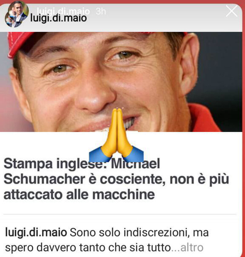 La dedica di Di Maio a Schumacher su Instagram Stories