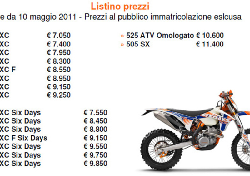 Nuovi listini moto e ATV KTM