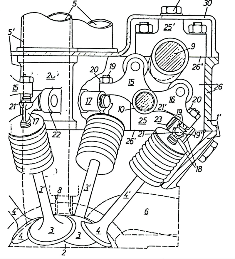 5-	Disegno del brevetto Apfelbeck-BMW relativo a una testa automobilistica bialbero a valvole radiali. Per ciascun cilindro ci sono due condotti di aspirazione e due condotti di scarico. Ogni valvola viene comandata tramite due bilancieri a dito