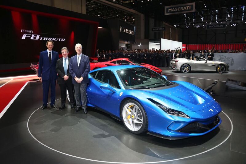 Elkann, Camilleri e Ferrari presentano al Salone di Ginevra la Ferrari F8 Tributo. E&#039; la prima edizione alla quale manca Marchionne, che in Svizzera aveva la sua residenza