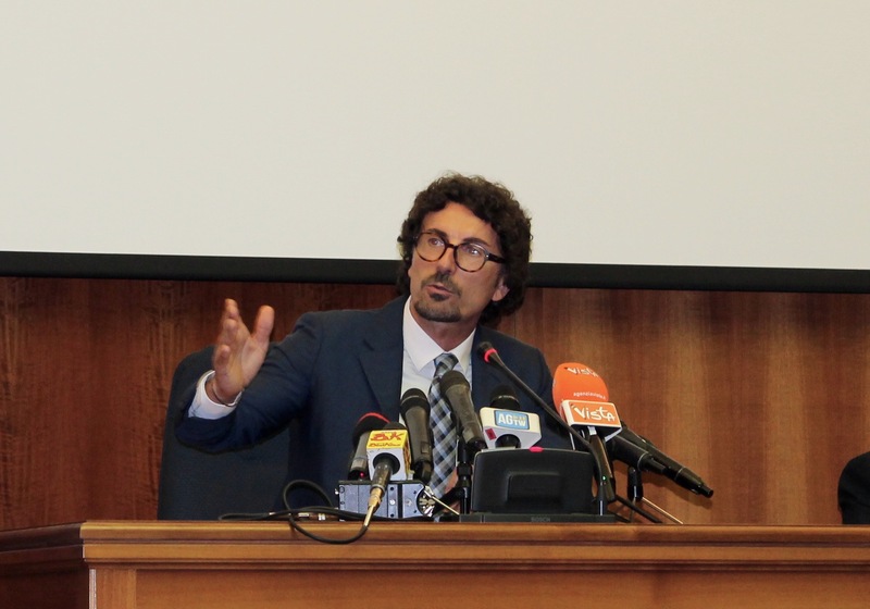 Il Ministro Danilo Toninelli durante il suo intervento di presentazione del nuovo Protocollo di monitoraggio e manutenzione dei viadotti autostradali