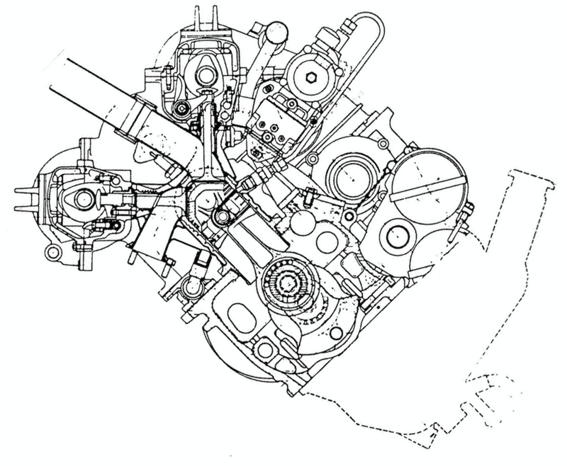 6-	Questa sezione trasversale del motore della W 196 consente di osservare il sistema desmodromico impiegato per comandare le due valvole di ogni cilindro, fortemente inclinate tra loro, e i condotti di aspirazione &ldquo;downdraft&rdquo;. Per realizzare le teste e i cilindri (in blocco), si univano mediante saldatura pi&ugrave; elementi in acciaio