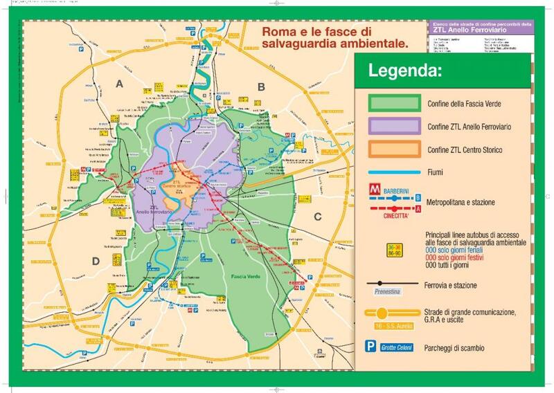 Nella cartina ri Roma, l&#039;area interessata dal provvedimento &egrave; quella corrispondente all&#039;anello ferroviario, in viola