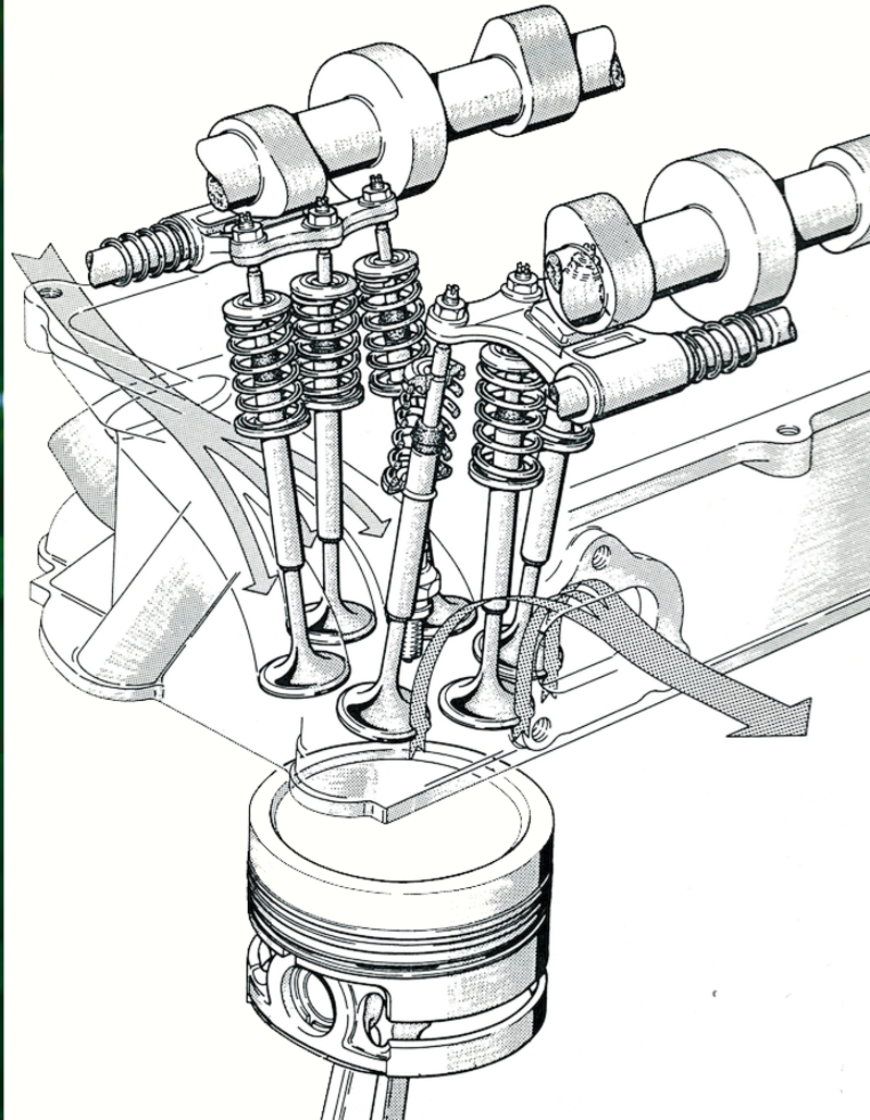 Negli anni Ottanta la Maserati ha realizzato una testa a sei valvole, disposte come si pu&ograve; osservare nel disegno. Questa proposta non ha per&ograve; avuto seguito