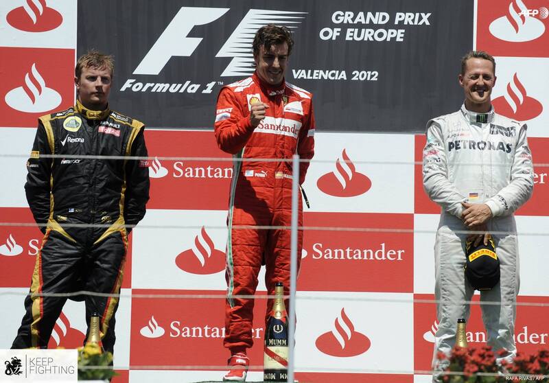 Fernando Alonso, Kimi Raikkonen e Michael Schumacher sul podio a Valencia nel 2012