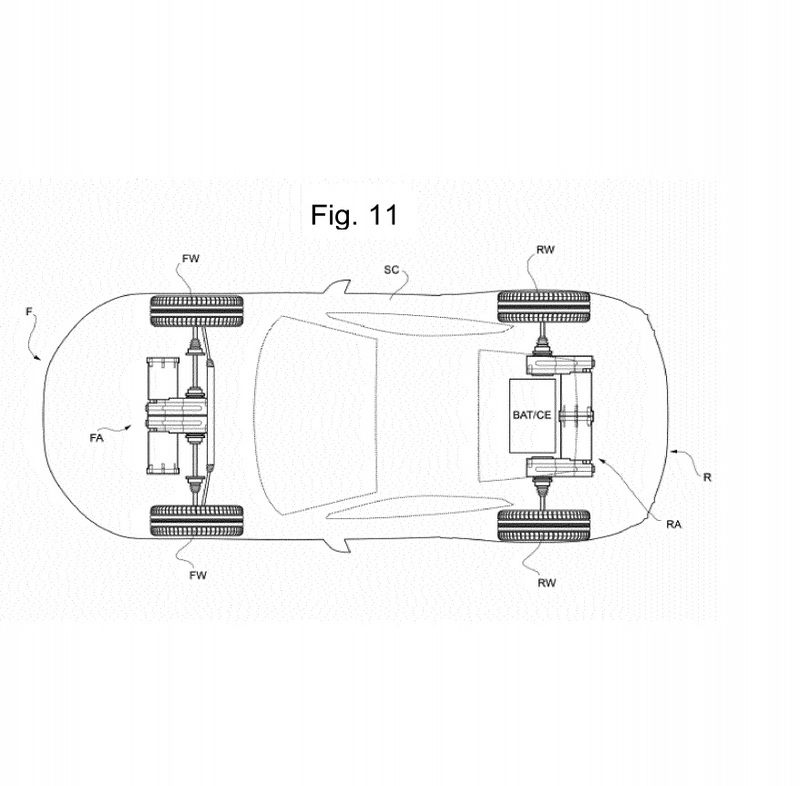 Lo schema della probabile Ferrari elettrica, che per&ograve; potrebbe essere anche ibrida. Nell&#039;area contrassegnata dall&rsquo;indicazione &ldquo;BAT/CE&rdquo; si possono installare le batterie o un motore termico