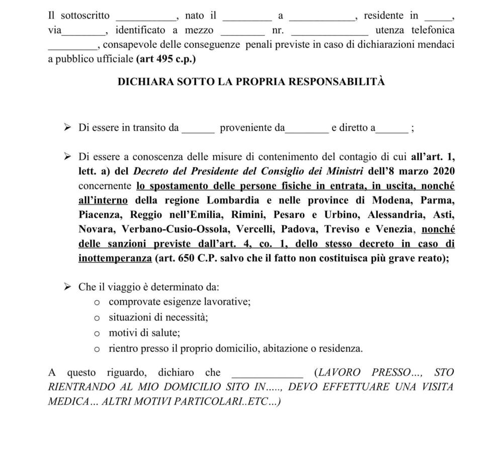 Il modulo per circolare con auto e mezzi, entrando o uscendo anche dalle zone arancio