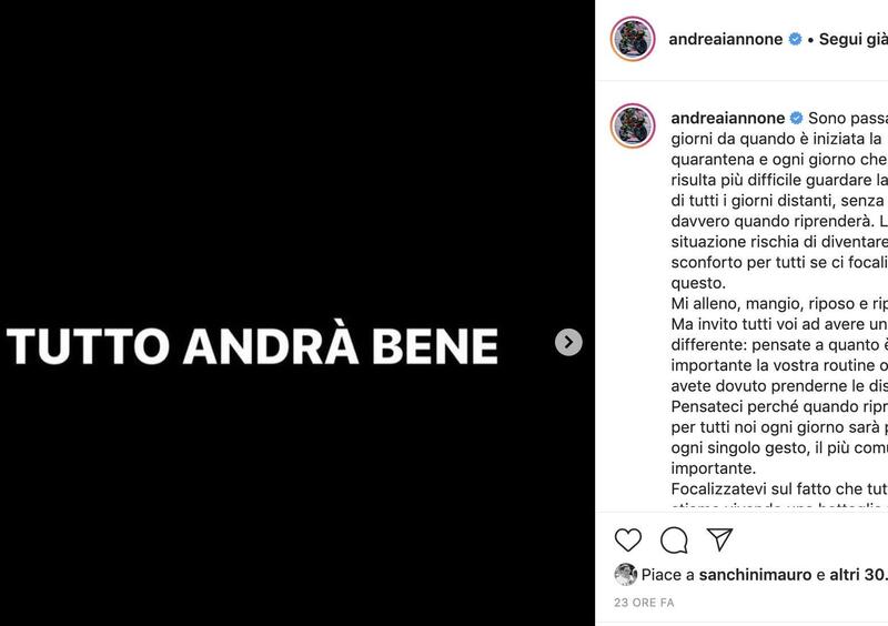 Andrea Iannone su Instagram: &quot;Tutto andr&agrave; bene&quot;