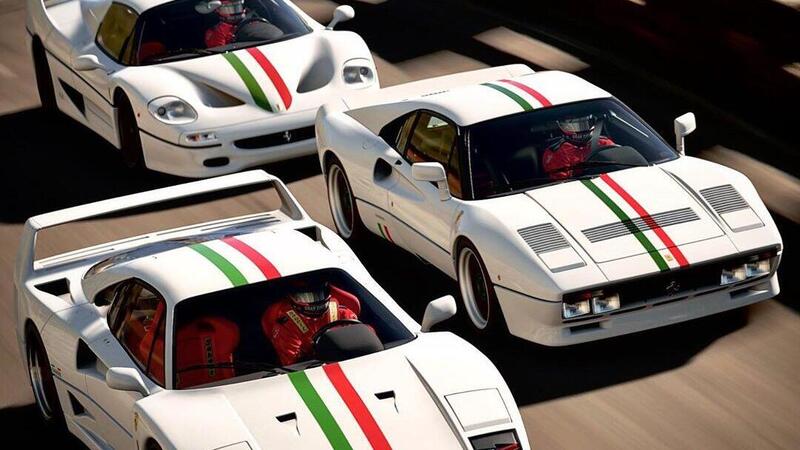 Tre iconiche Ferrari bianche con il tricolore: F40, F50 e 288GTO