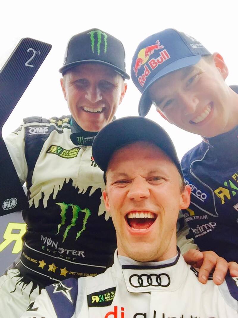 Il podio di Lydden Hill: 1 Mattias Ekstr&ouml;m - 2 Petter Solberg - 3 Timmy Hansen