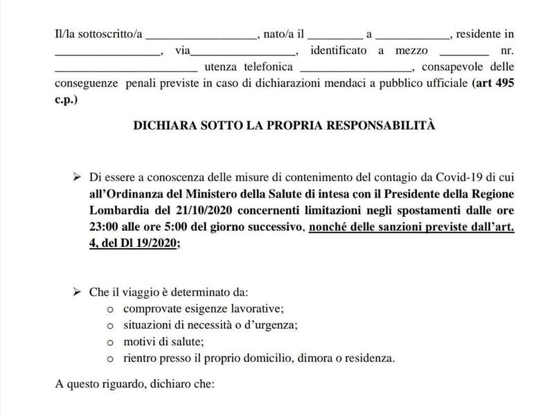 Autocertificazione spostamenti, Ottobre 2020: ecco il nuovo modulo da scaricare e stampare [Lombardia]