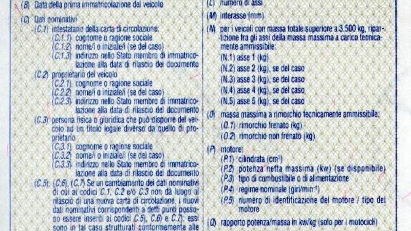 Carta di circolazione: il cosiddetto &ldquo;libretto dell&rsquo;auto&rdquo; e la sua legenda