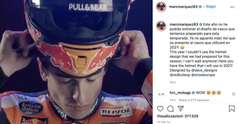 MotoGP, Marquez presenta il nuovo casco per il 2021