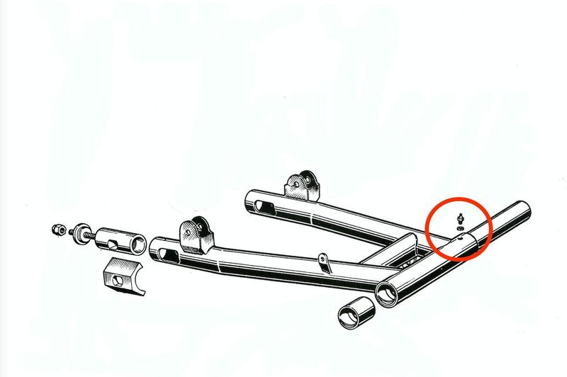 In questa immagine &egrave; evidenziato il nipplo nel quale si doveva immettere il grasso necessario per la lubrificazione del fulcro del forcellone oscillante in una moto degli anni Settanta. Questo aspetto della manutenzione veniva spesso trascurato