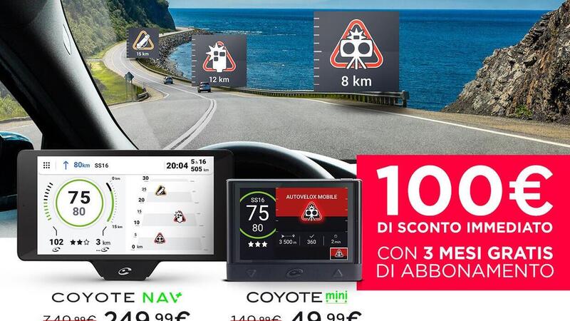 Promozione Estiva 2021 Coyote:100 &euro; di sconto immediato sui dispositivi di segnalazione e 3 mesi di abbonamento gratis