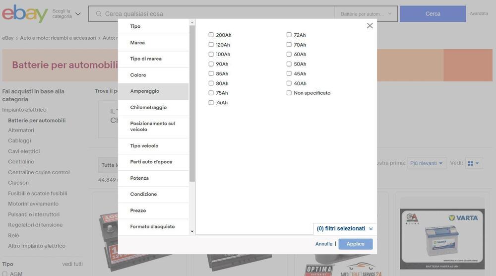 La ricerca batteria eBay secondo valori preferiti