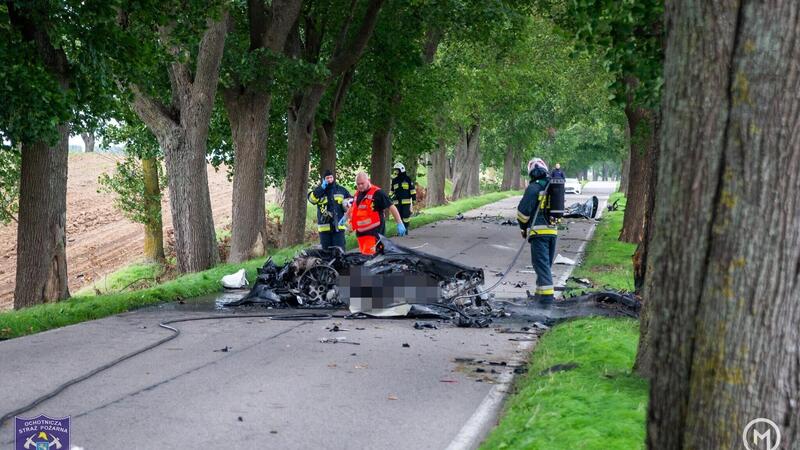 La distruzione totale di una Porsche che esce di strada in un viale alberato