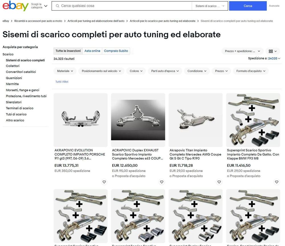 Una selezione di scarichi auto completi, disponibili su eBay