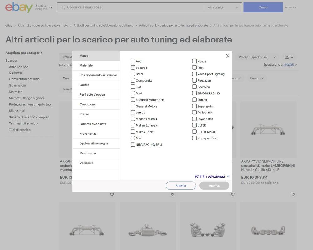 Un filtro degli scarichi auto, acquistabili su eBay