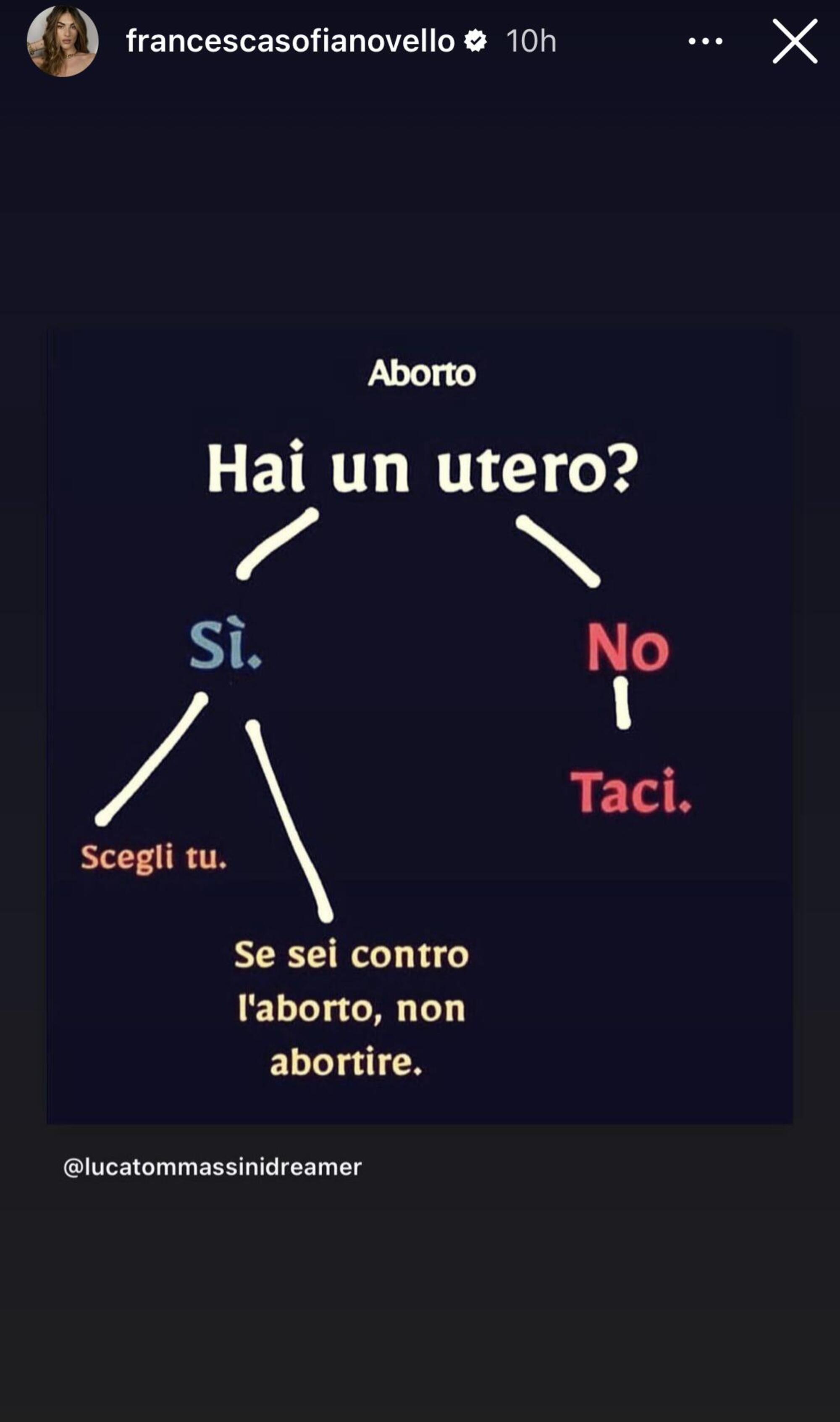 Francesca Sofia Novello sull&#039;Aborto (via Instagram)