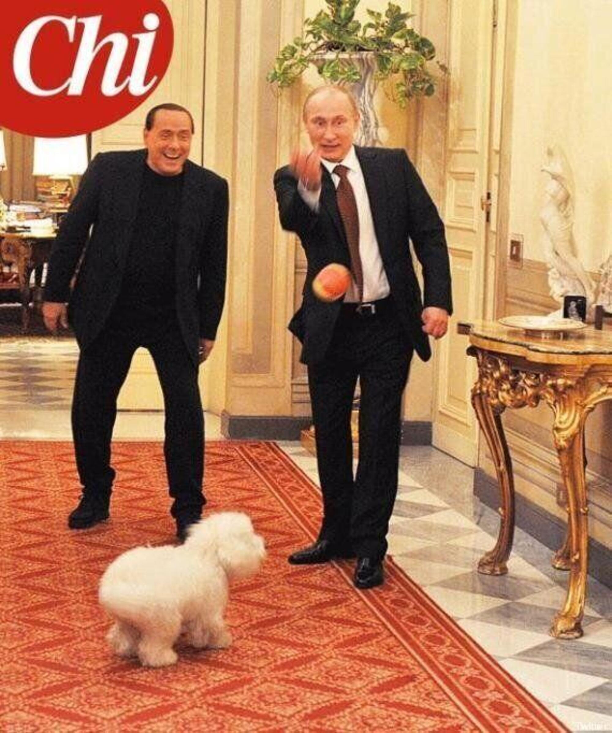 Berlusconi e Putin giocano con il cagnolino Dud&ugrave;