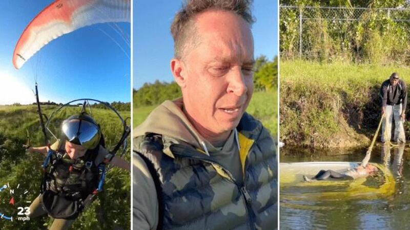 Arriva col parapendio e salva una donna caduta nel fiume con l&#039;auto [VIDEO]