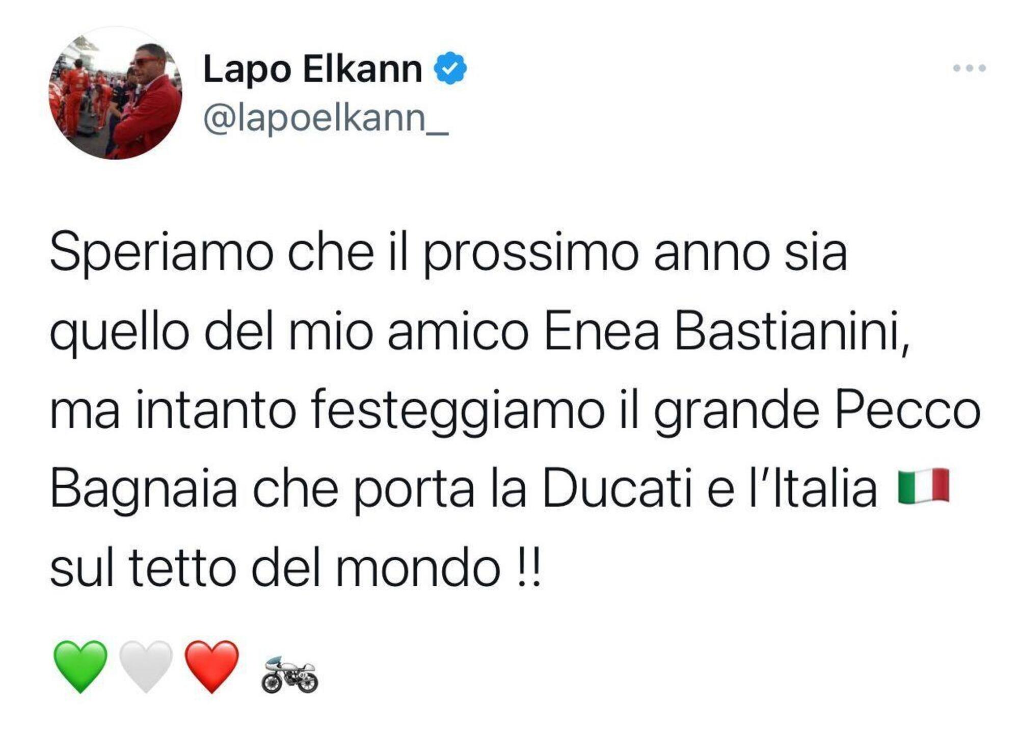 Il tweet di Lapo Elkann su Bagnaia/Bastianini