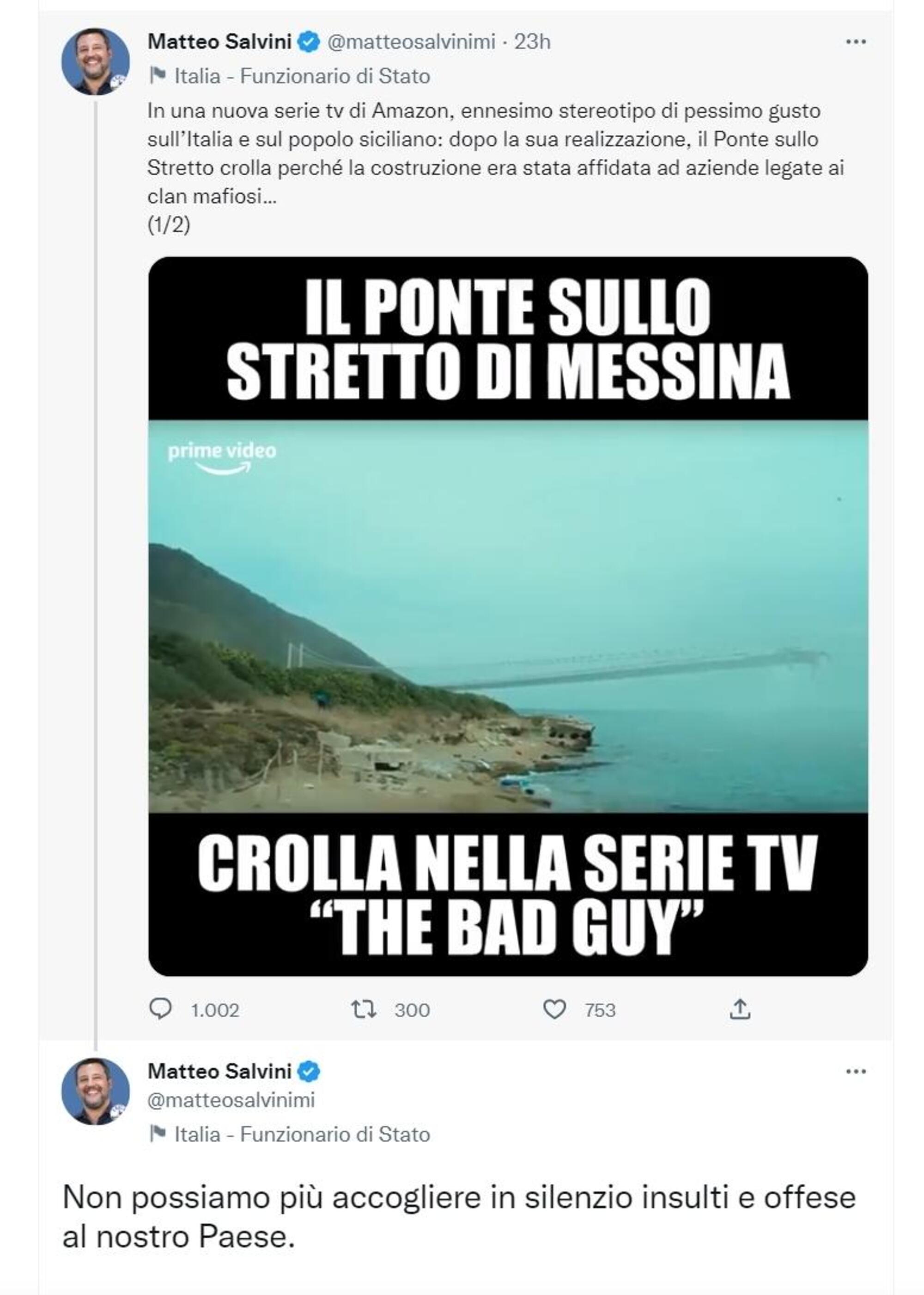 I tweet di Matteo Salvini sul crollo del ponte sullo Stretto in The Bad Guy (serie italianissima...)