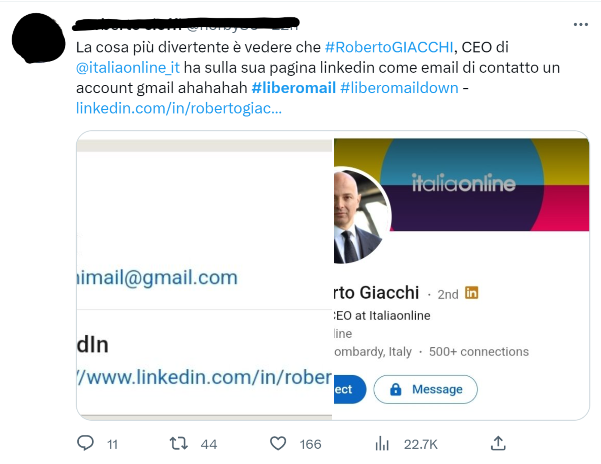 Un tweet sul profilo LinkedIn del CEO di Italiaonline