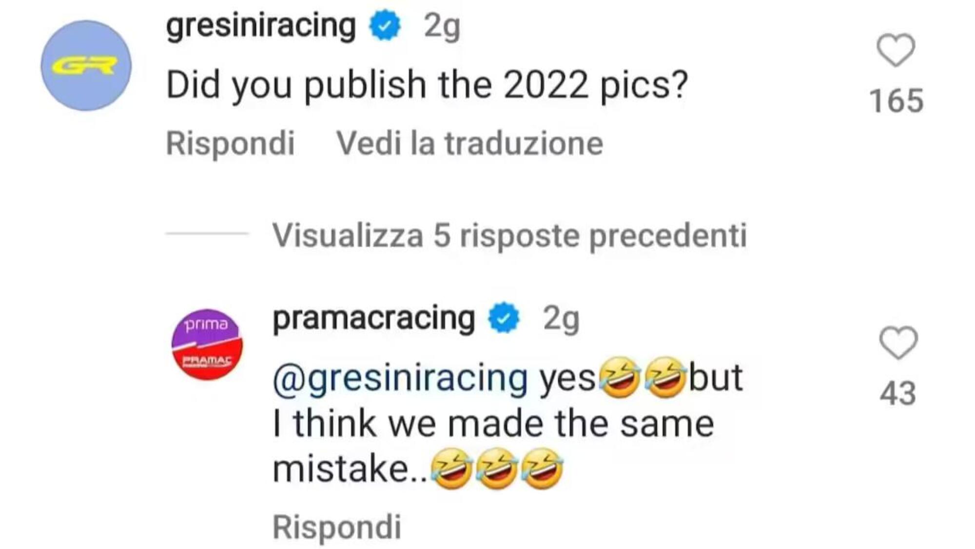 Gresini ironizza sotto al post di Pramac Racing