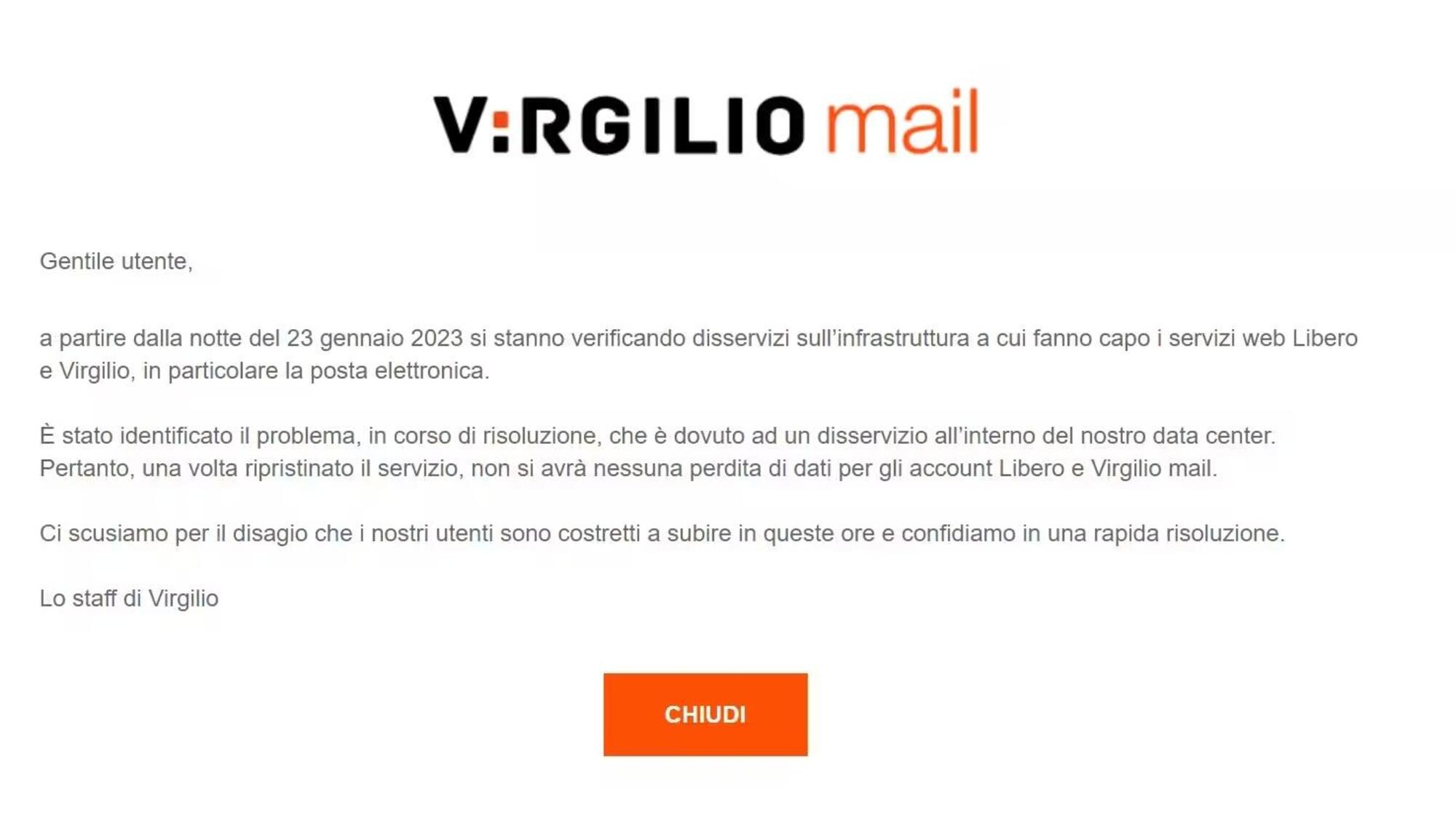La mail di Virgilio in down