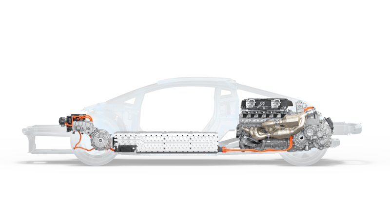 Il layout della nuova Lambo V12 con tre motori elettrici: al posto dell&#039;albero di trasmissione c&#039;&egrave; la batteria