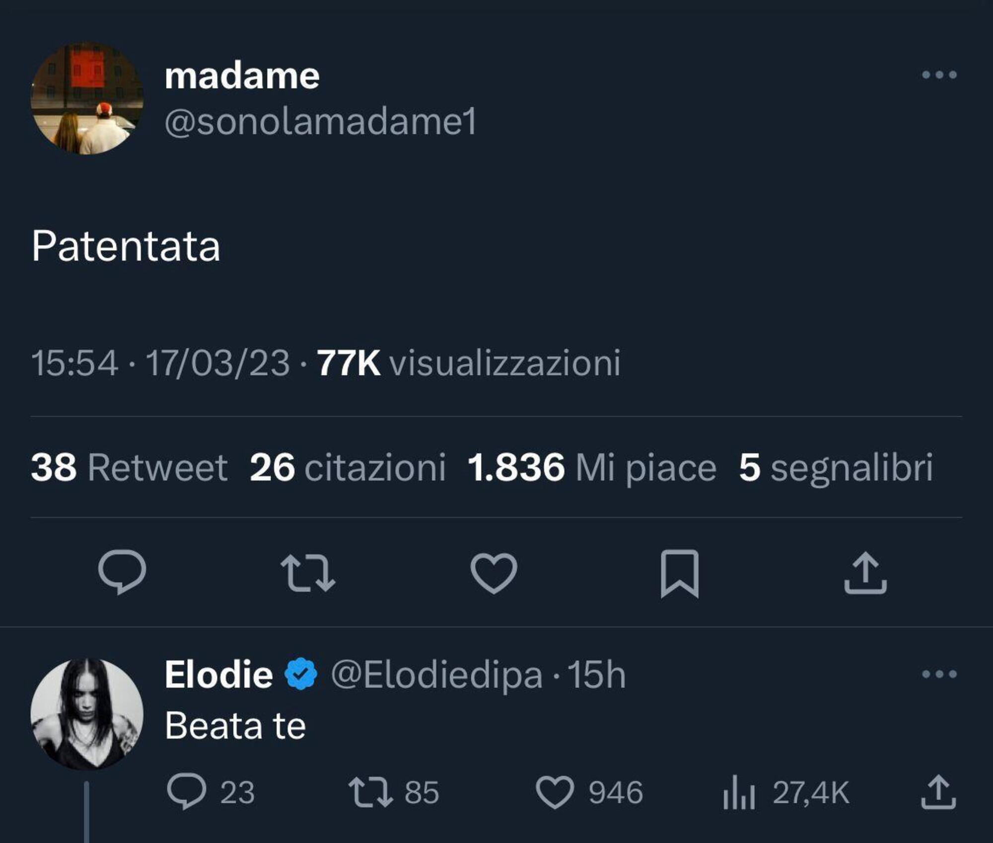 Il tweet di Madame e la risposta di Elodie