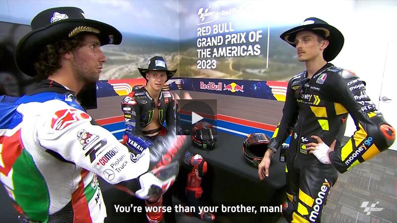 MotoGP 2023. GP delle Americhe. &quot;Dov&#039;&egrave; che facevi la differenza?&quot;, &quot;Sei peggio di tuo fratello!&quot;. Il bel dialogo prima del podio tra Alex Rins, Luca Marini e Fabio Quartararo [VIDEO]