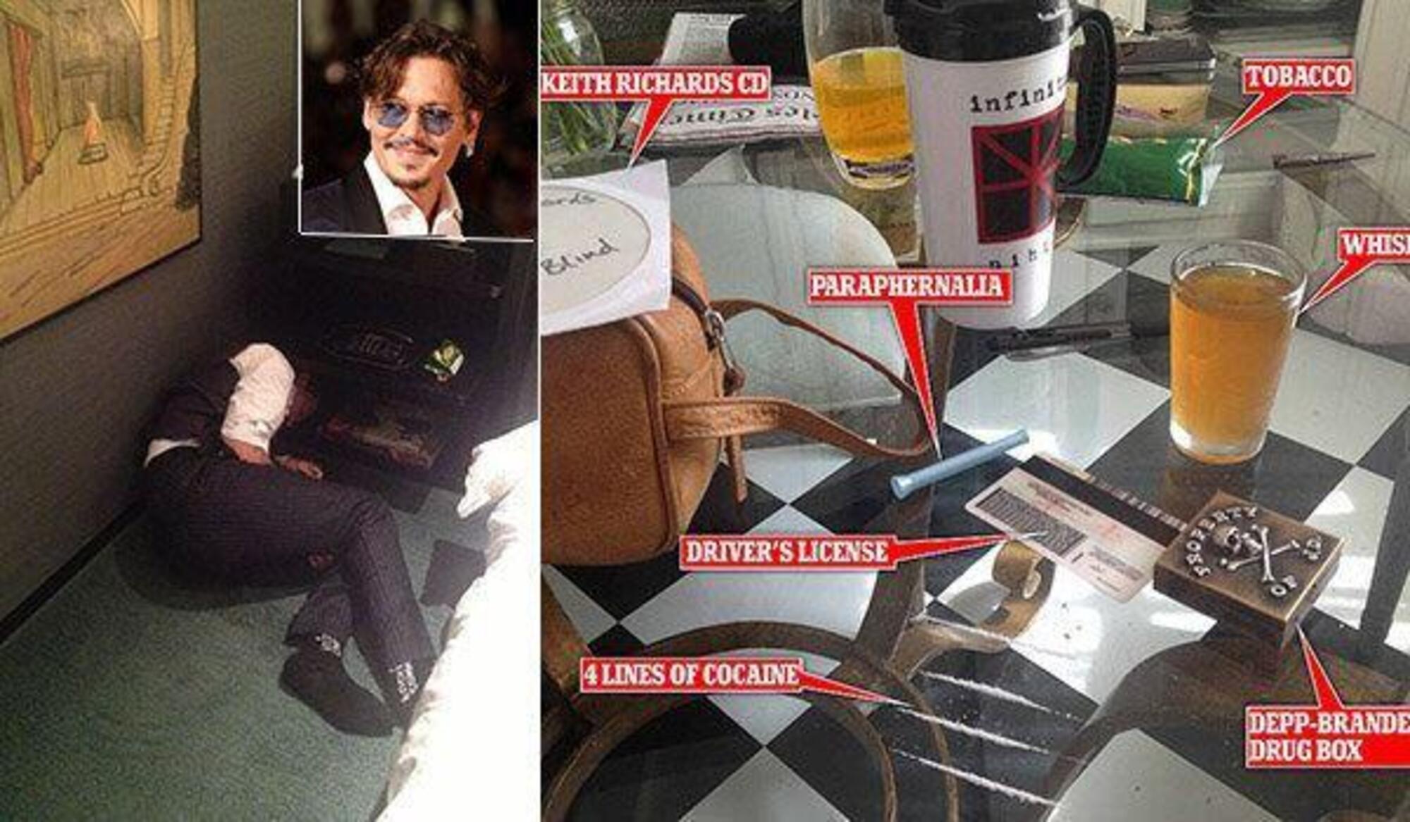Johnny Depp dorme a terra e, a destra, la foto del suo tavolo emersa nel processo con Amber Heard