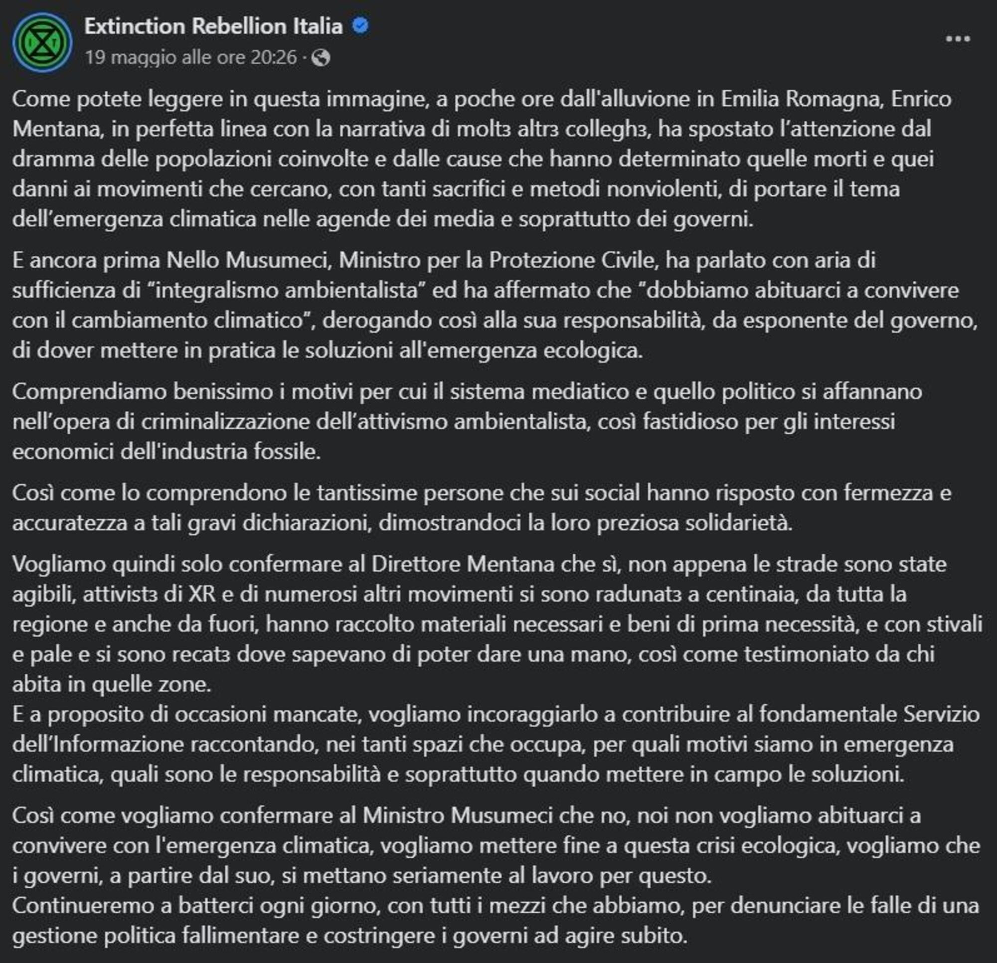 La risposta di Extinction Rebellion Italia a Mentana