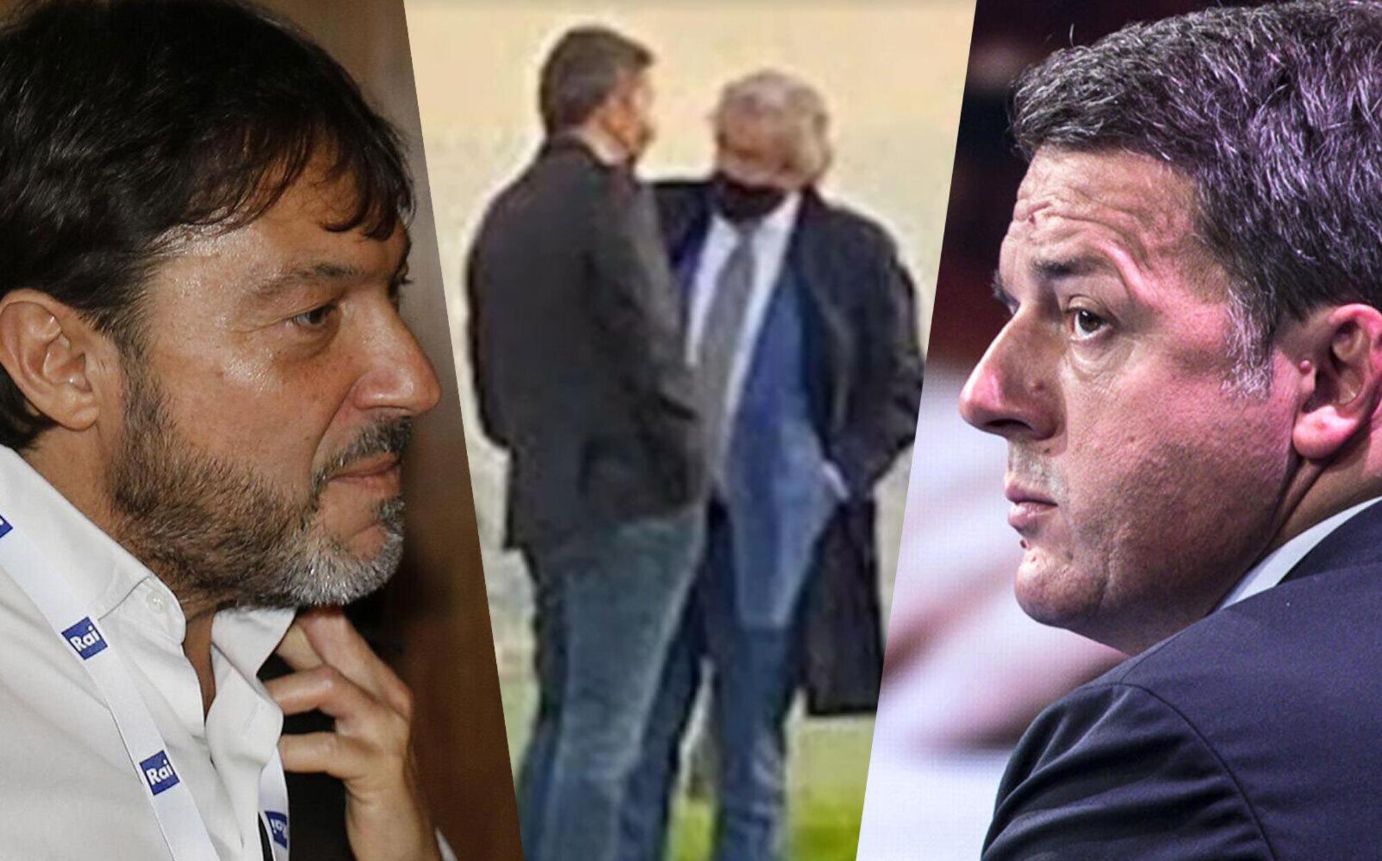 Ranucci, Renzi e, al centro, un fotogramma del famigerato incontro all'autogrill documentato da Report tra l'ex premier e l'esponente dei servizi segreti Marco Mancini