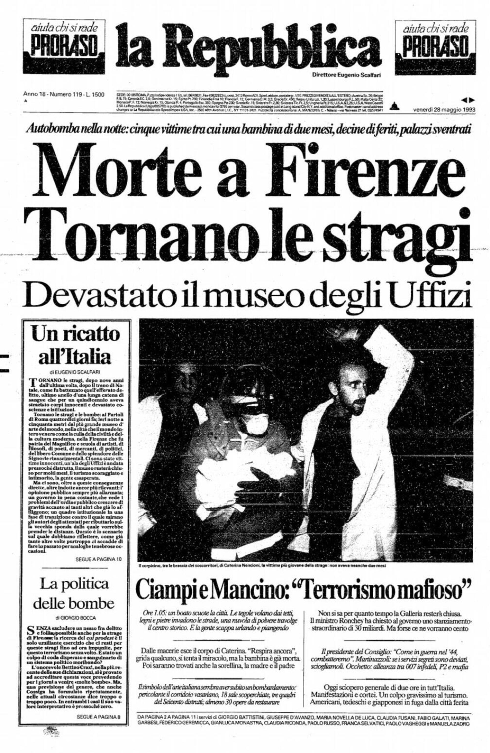 La prima pagina de La Repubblica dopo la strage