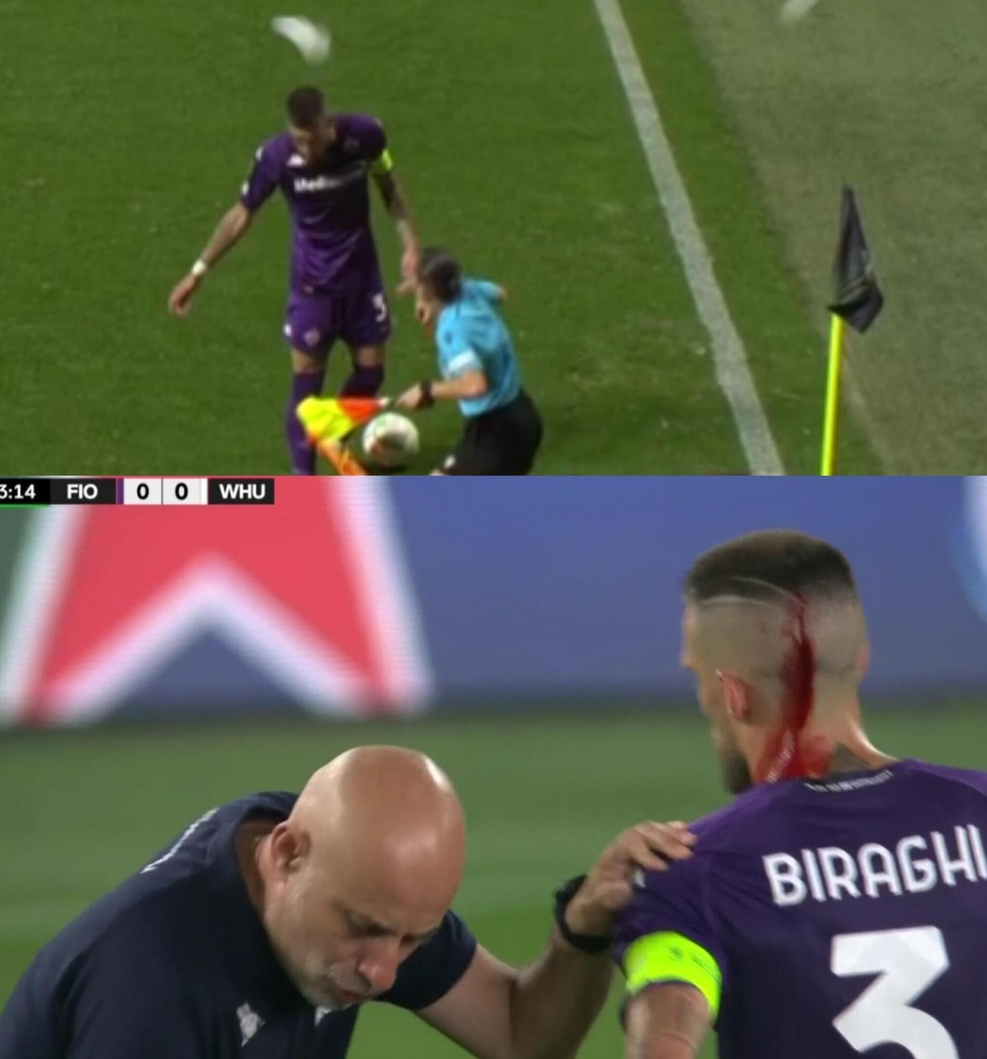 Il lancio di oggetti contro il capitano della Fiorentina Biraghi durante la finale di Conference League
