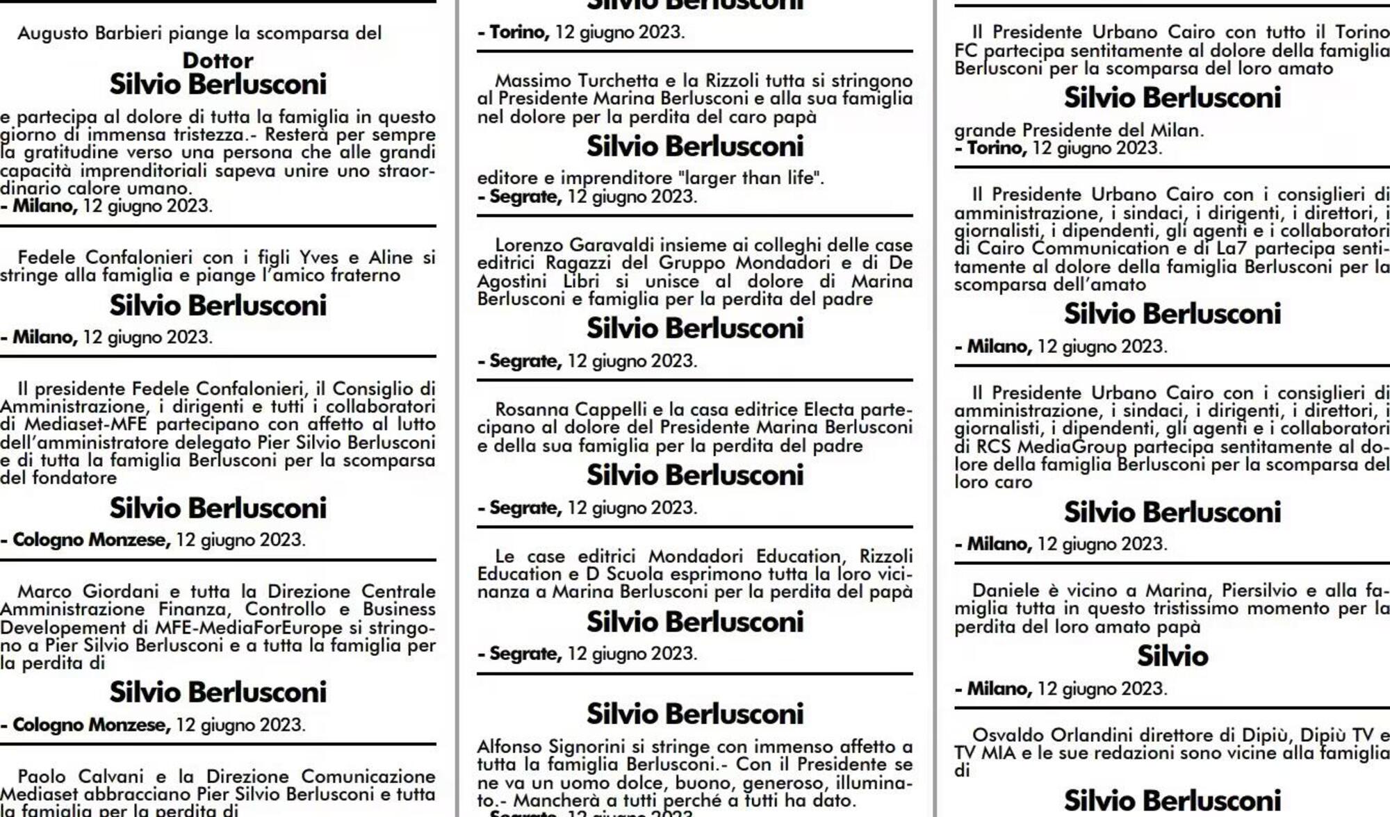 Alcuni necrologi per Silvio Berlusconi sul Corriere della sera