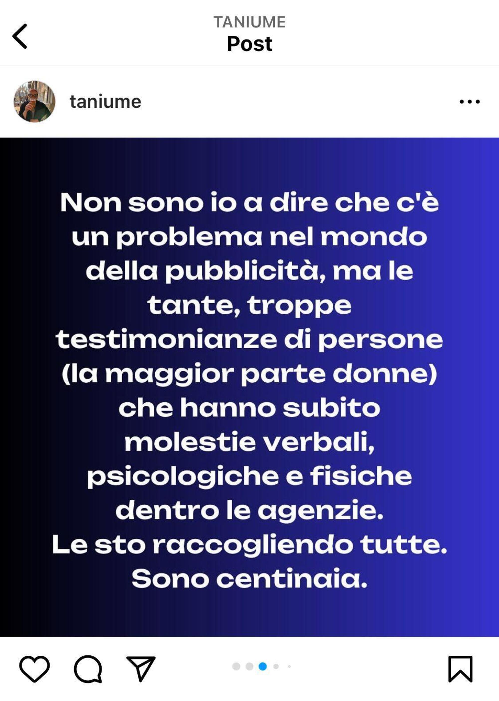 Il post di denuncia delle molestie nelle agenzie pubblicitarie italiane di Tania Taniume sulla sua pagina Instagram